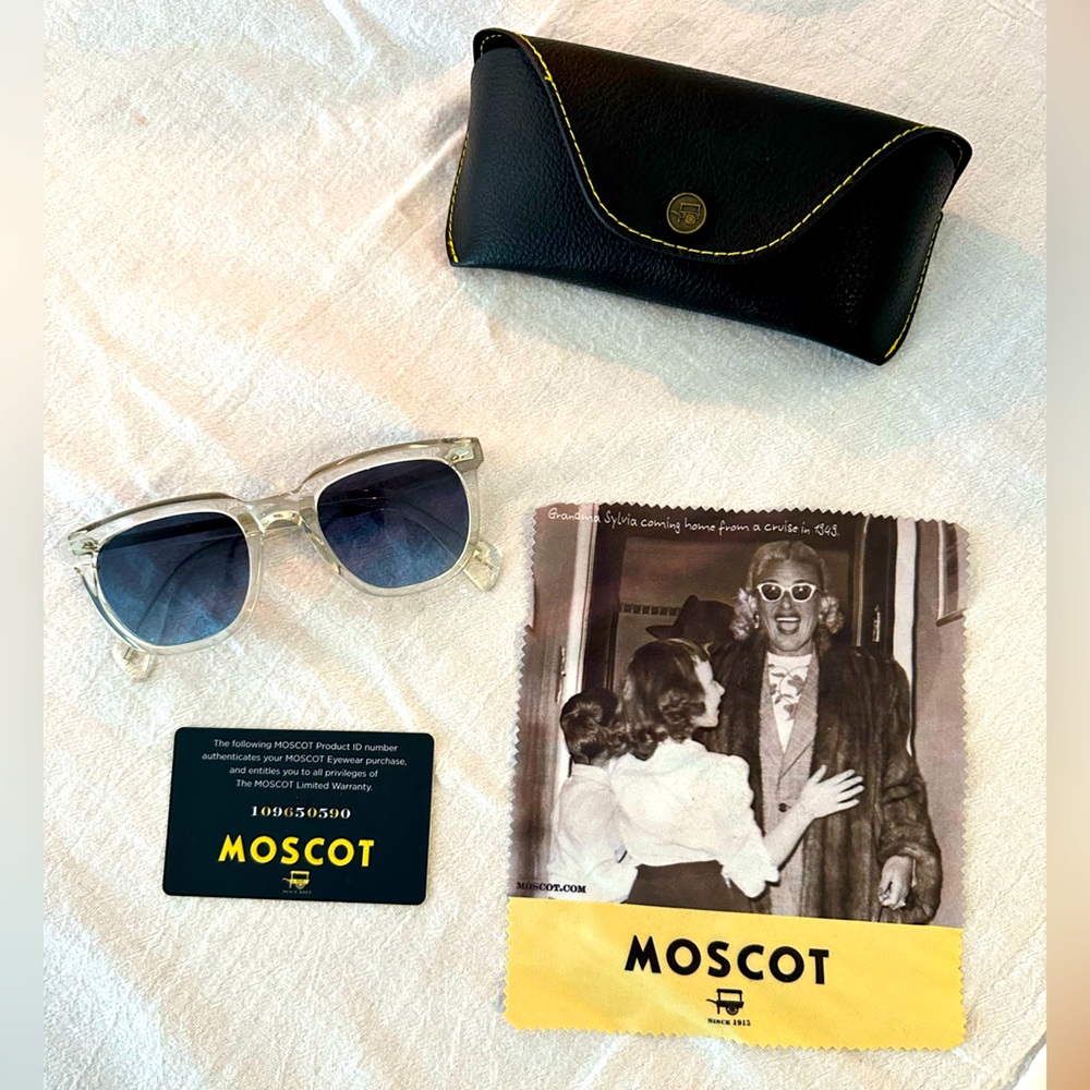 MOSCOT Yontif Sun Sunglasses in Crystal with Denim Blue Tinted Lenses